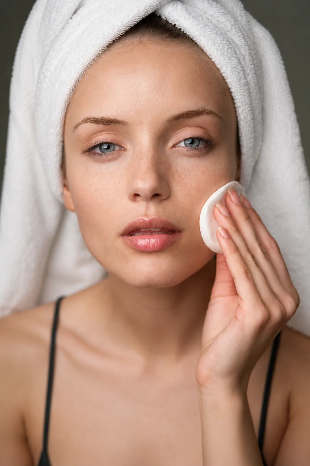 A close-up of a woman with a white towel wrapped around her head, using a white makeup remover pad on her cheek.