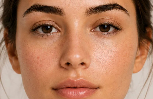 Close-up of a woman's face showing natural skin texture, freckles, and clear eyes.