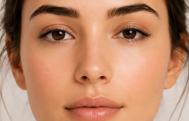 Close-up of a woman's face showing natural skin texture, defined eyebrows, and soft makeup on her lips against a light neutral background.