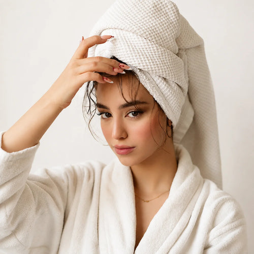 A woman wearing a white waffle-textured bath towel wrapped around her head and a matching white bathrobe, posing against a clean white background.